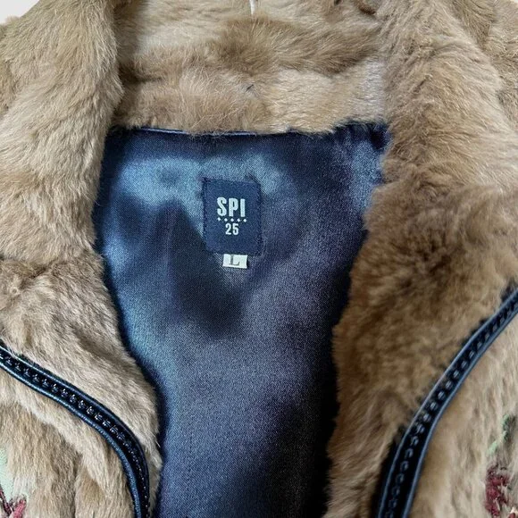 VTG SPI 25 Natural Lapin Rabbit Fur Vest L Double Zip Boho Cottagecore Layering